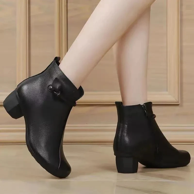 Casual Soft Bottom Women Boots High-top Outdoor Hiking Shoes Ankle Boots Soft Medium Thick Heel  Retro Women Shoes 2022 New