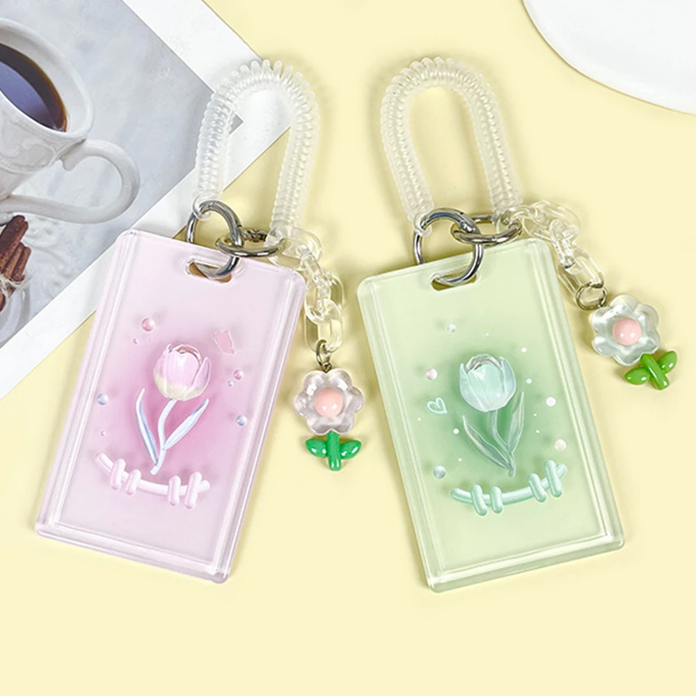 

Cartoon Tulip Photocard Holder Flower Keychain Transparent Kpop Students Card Protectors Lanyard Card Case Acrylic Card Holder