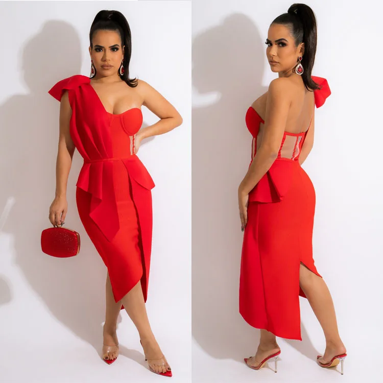 

Chocomist модные сексуальные однотонные женские платья средней длины на одно плечо