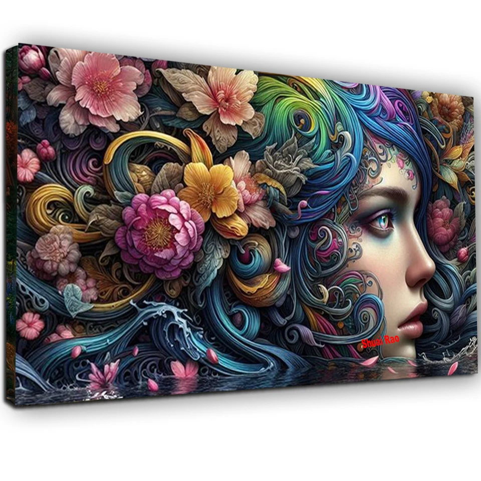 Алмазная картина Таинственные волны Цветы Женщина Полный круглый квадрат 5D Diy