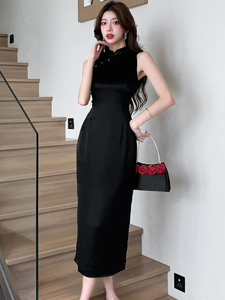 

Black Satin Diamonds Luxury Dress Women Summer Elegant Sleeveless Chic Long Dress 2023 Korean Vintage Hepburn Sexy Slit Vestidos