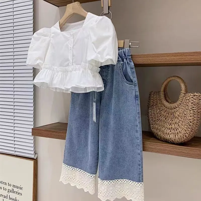 Girls Summer Set 2023 Summer Girls' French Square Neck Bubble Sleeve Girls' Shirt Lace Thin Soft Jeans Kids Outfits 4 6 8 10 T