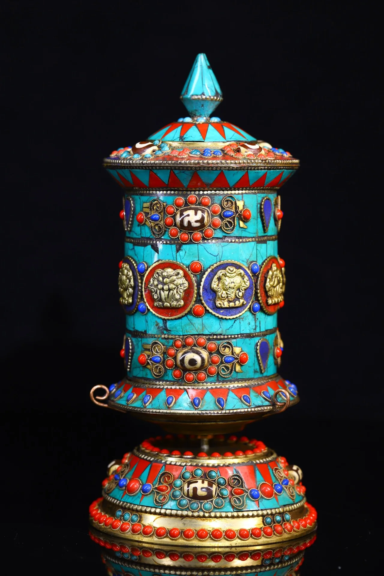 

9"Tibetan Temple Collection Bronze Gem Dzi Beads Prayer Wheel stupa eight treasures Amulet Dharma Worship Hall Town house