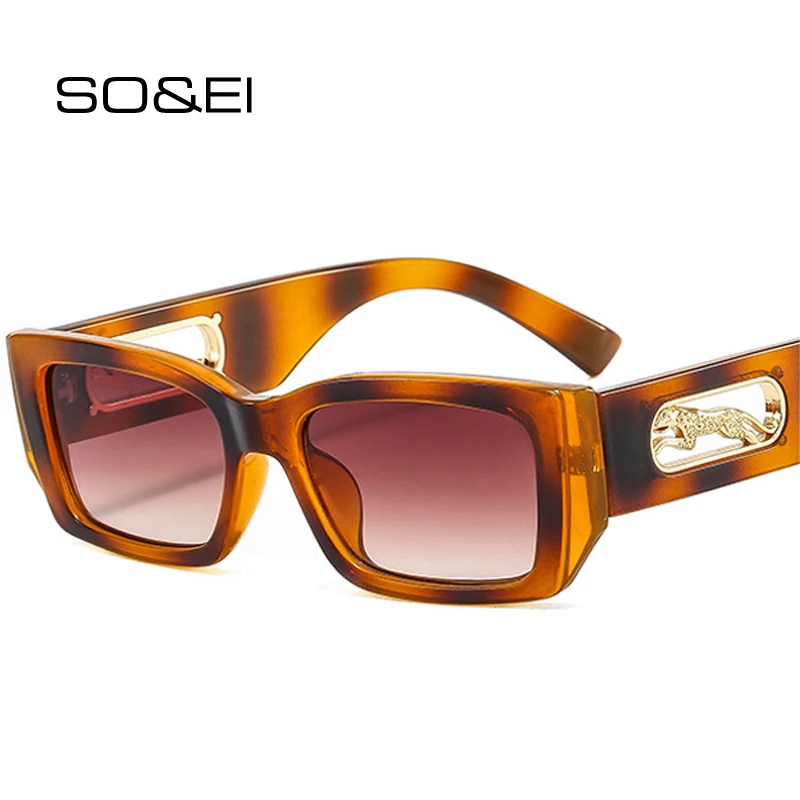 

SO&EI Fashion Rectangle Sunglasses Women Vintage Metal Cheetah Decoration Eyewear Shades UV400 Men Trending Gradient Sun Glasses