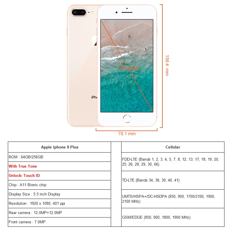 Разблокированный смартфон Apple iphone 8 Plus 64 ГБ/256 Гб ПЗУ камера 12 МП iOS 11 сенсорный ID