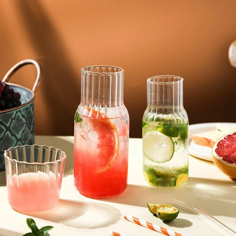 2Pcs Glass Juice Jug Lemon Jug Glass Water Bottle Modern Minimalist Hot And Cold Water Bottle Cup Set Bedside Kettle