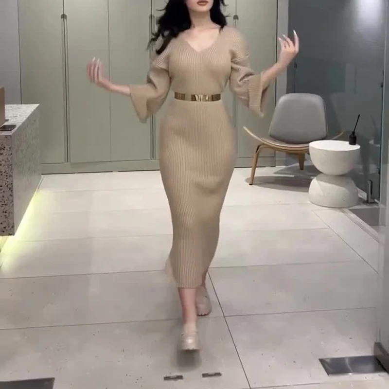 Женское повседневное однотонное тонкое длинное платье с длинным рукавом