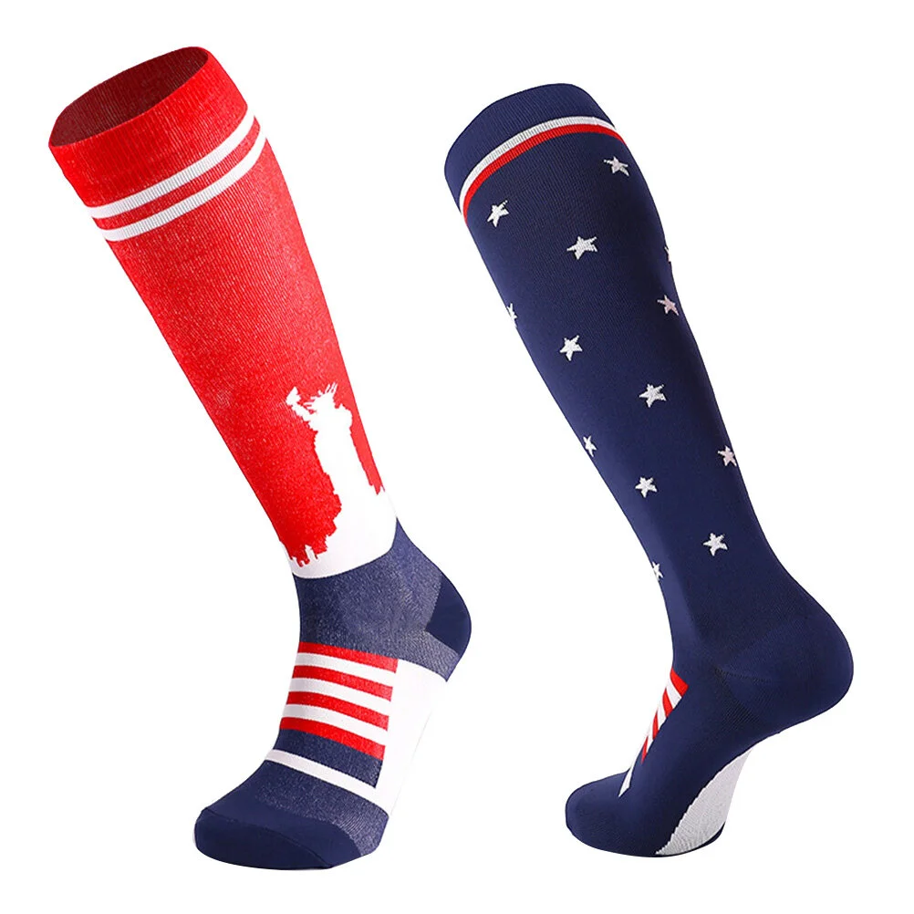 1 Pair White American Flag Printing Long Stocking Outdoor Stockings Knee High Socks Sports Tube Socks Dress Up Props- Size L/XL