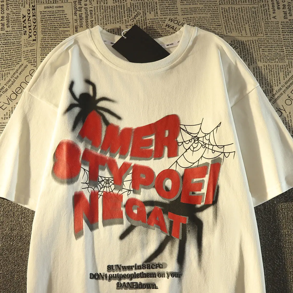 

American retro letter spider t-shirt men and women loose couple clothes European and American trendy brand half-sleeve tops y2k