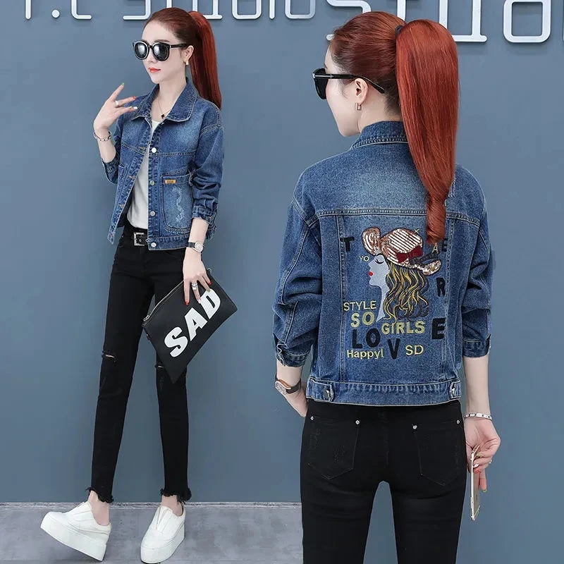 2022 Spring Autumn New Denim Jacket Womens Korean Fashion Casual Loose Jeans Jacket Women Large Size Short Embroidered Outerwear