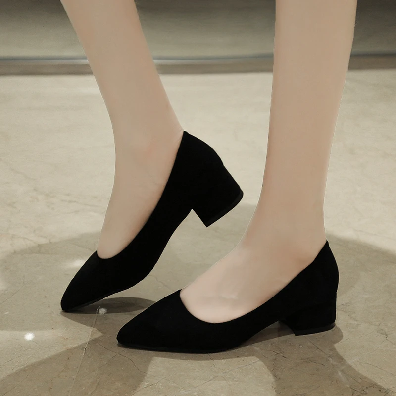 2023 Large Size New Low-top Work Shoes Autumn Thick Heel Solid Color Shallow Mouth PU Sleeve Toe High-heeled Women's Shoes