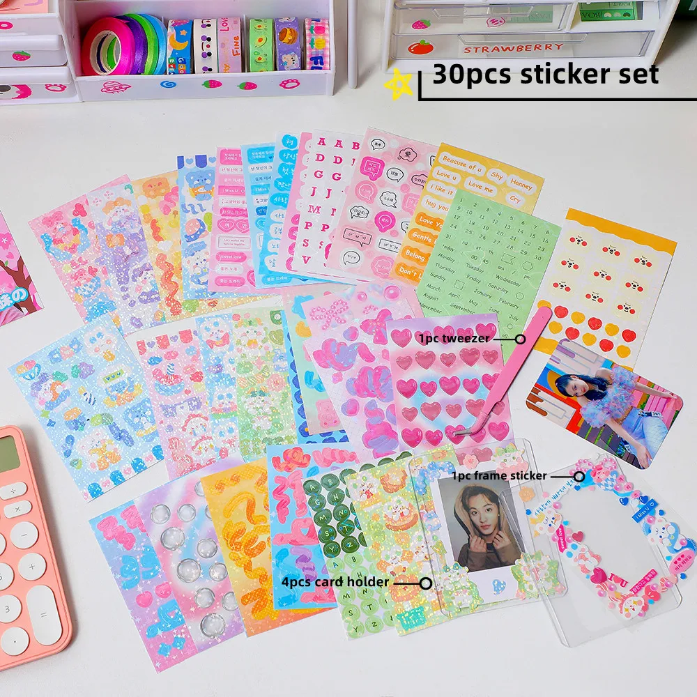 

30pcs/Set Glitter Photo Decorative Stickers Cute Bear Heart Ribbon Kpop Laser Sticker Diy Ahensive Material Kawaii Stationary