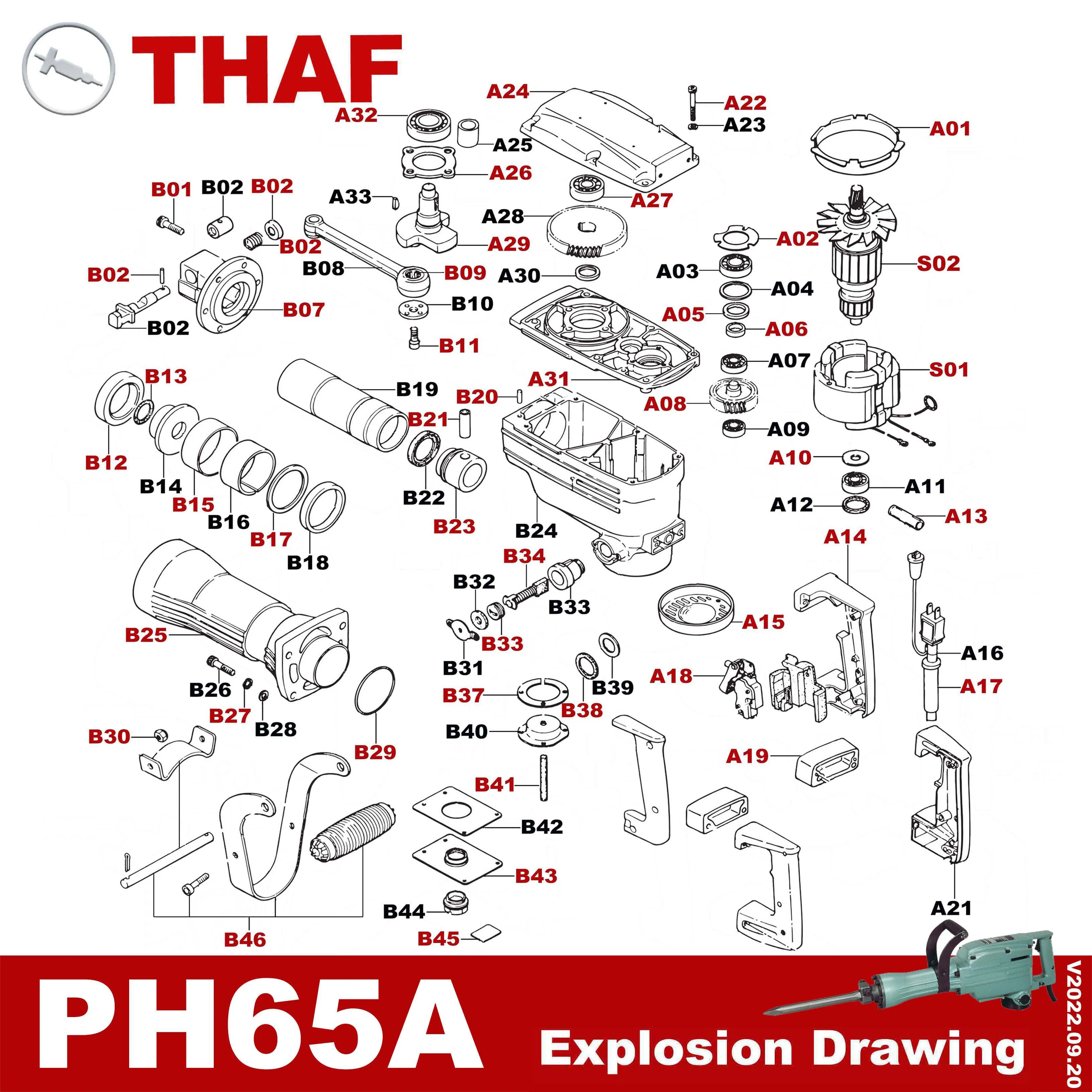 Фото Запасные части THAF, аксессуары для отбойного молотка HITACHI PH65A (Самые продаваемые детали) №3