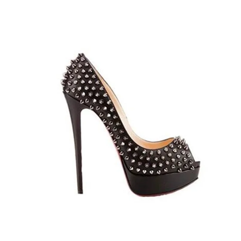 

Silvery Studded High Heel Pumps Women Thick Platform Rivets Shoes Sexy Black Sky-High Heels OL Peep Toe Stilettos Shoe