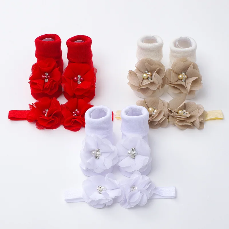 

Baby Handmade Pearl Flower Hair Band+Rubber Non-Slip Socks Set Solid Color Headband Baby Breathable Knitted Socks