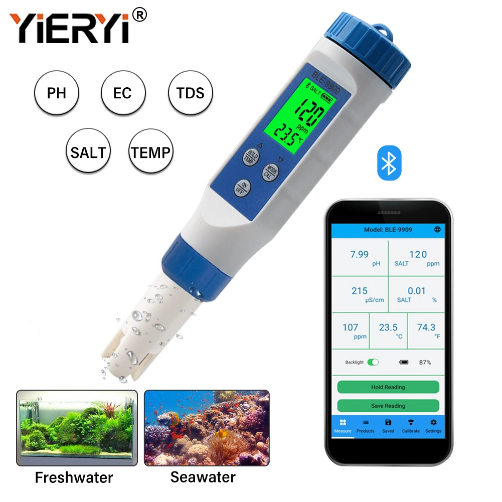 Digital Smart Bluetooth Seawater Salinity Meter Salt Tester Monitor for Aquariums Pool Fish Tank Seafood Aquaculture 0.1-200ppt