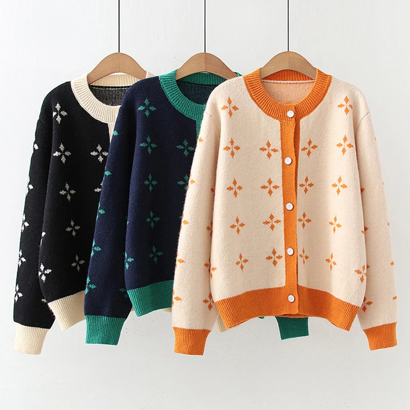

Orange Knitted Printed Cardigans Women Autumn Winter Cashmere O-Neck Sweater Female Casual Knitwear Tops 2022