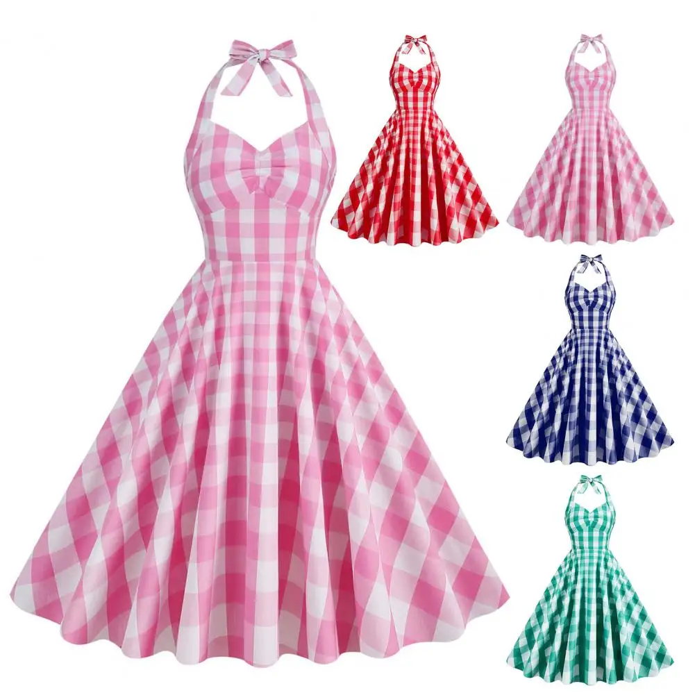 

1950S Women Pink Plaid Sleeveless Dress Lace-up Retro Rockabilly Bowknot Halter Hidden Zipper Cocktail Party Swing A-Line Dress