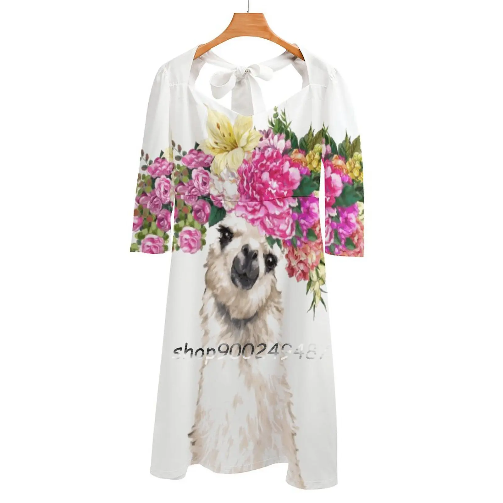 

Flower Crown Llama Evening Party Dresses Midi Sexy Dress Female Sweet One Piece Dress Korean Animals Animal Alpaca Cute Flowers