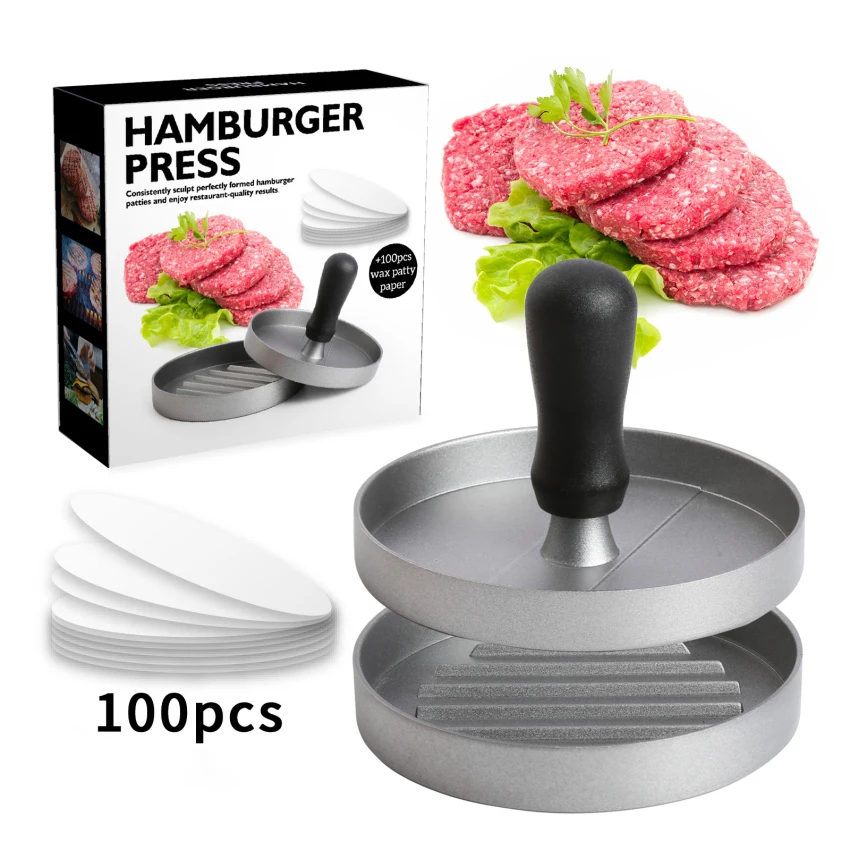

Burger Press Set Hamburger Patty Maker with 100 Wax Disc Papers Nonstick Aluminum Perfect for Making Burgers