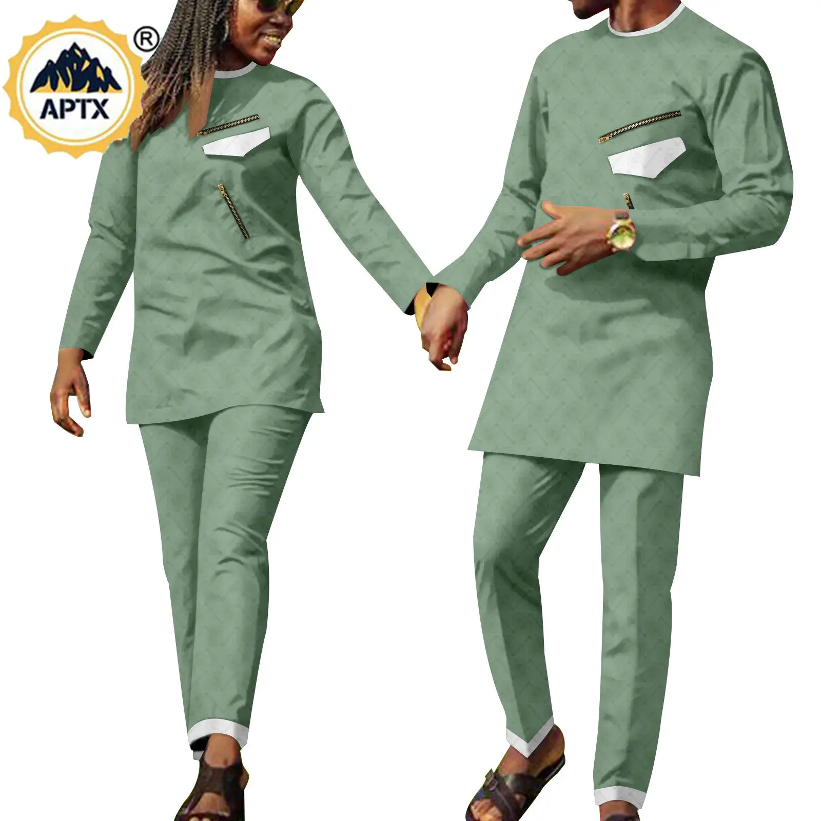 

African Couples Clothes Bazin Riche Kaftan Women Top Shirts and Pants Sets Match Men Outfits Ankara Gown Couple Outfit Y22C035