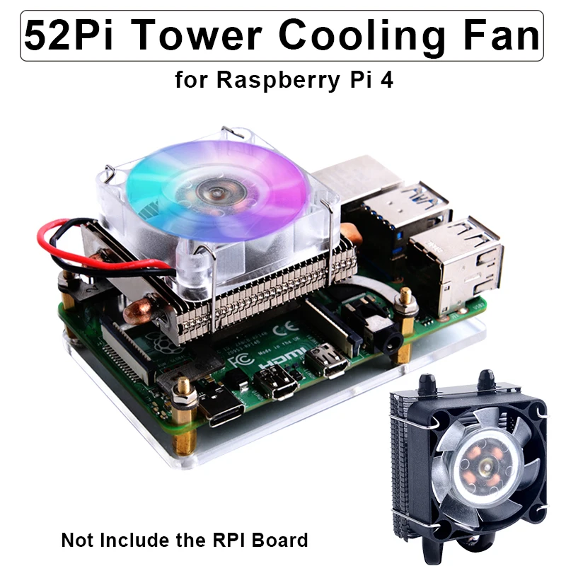 

52Pi Raspberry Pi 4 Tower Cooling Fan Super Ice Low-Profile Cooler 7 Color RGB Light Fans for Raspberry Pi 4 Model B 3B+ 3B