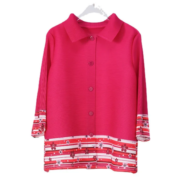 

Miyake pleated women's short spring and autumn coat women's 2022 new print loose plus size round neck single breasted tops women