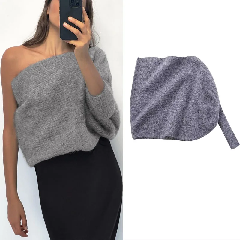 

TRAF Asymmetric Knit Bolero Top For Woman Sexy Off Shoulder One Sleeve Sweater Fashion Knitted Pullover Women Streetwear Autumn