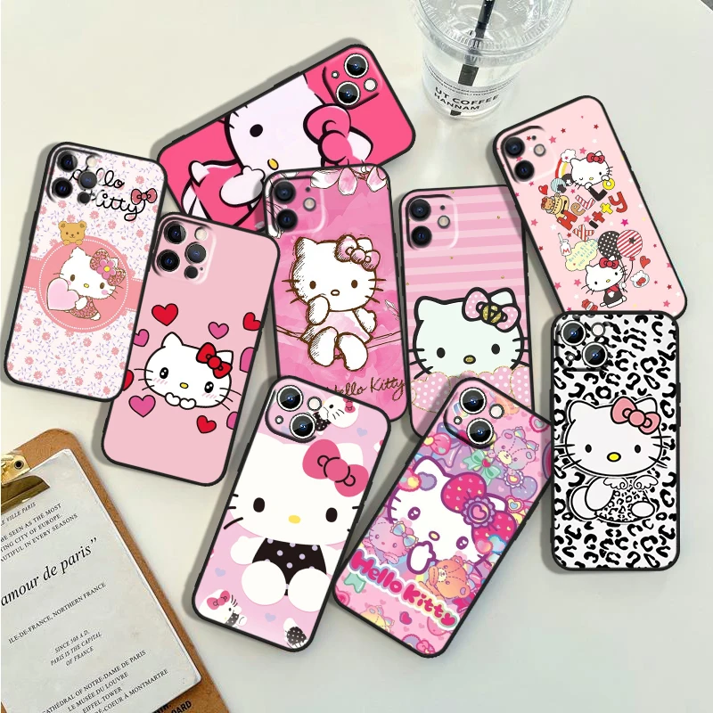 

HelloKitty Cute For Apple iPhone 14 13 12 11 Pro Max Mini XS Max X XR 7 8 Plus 5S Silicone Black Phone Case Coque Capa Fundas