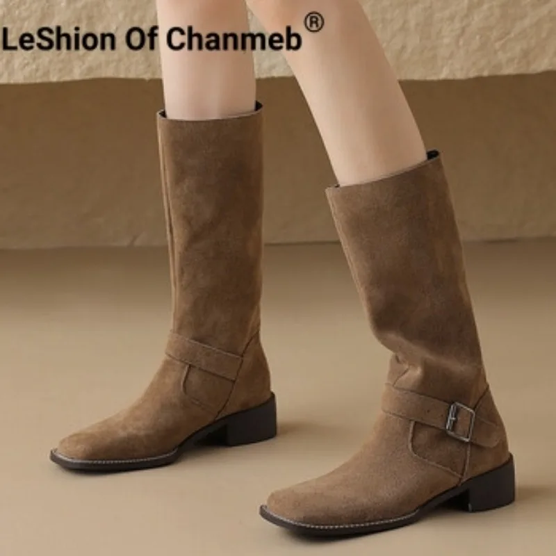 

LeShion Of Chanmeb Women Cow Suede Motorcycle Mid-Calf Boots Square Heel Slip-on Boots Buckle Belt Lady Shoe Autumn Winter 34-42