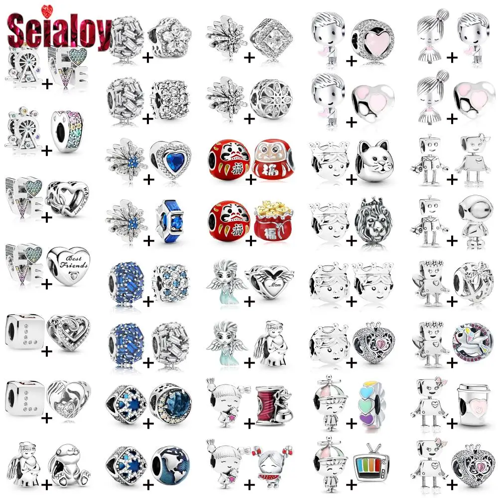 

Seialoy 2pcs/lot Silver Color Snowflake Ice Beads Ferris Wheel heart Charm Prince & Princess Unicorn Beaded Fit DIY Accessory