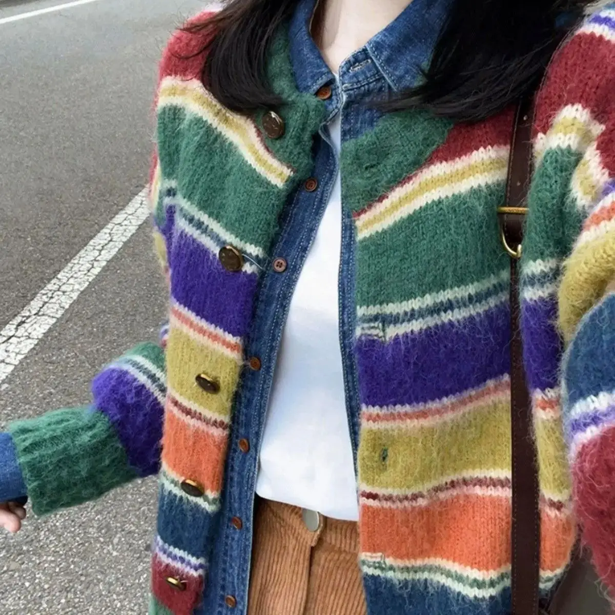 Осенний свитер вязаный кардиган ранний зимний толстый контрастный цвет женский