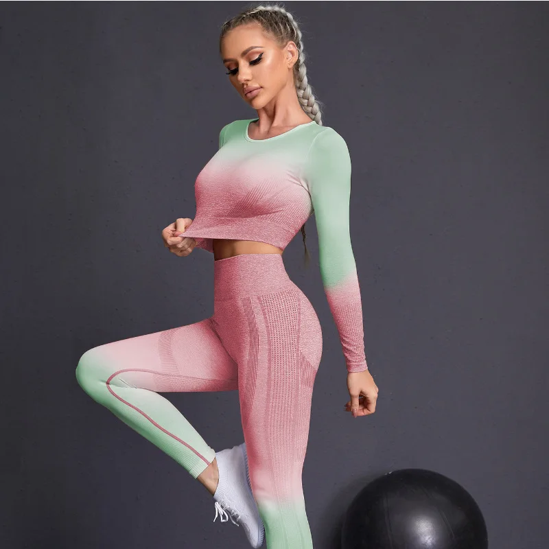New yoga clothes in autumn and winter gradient hanging dyeing tight long sleeved trousers running fitness yoga suit