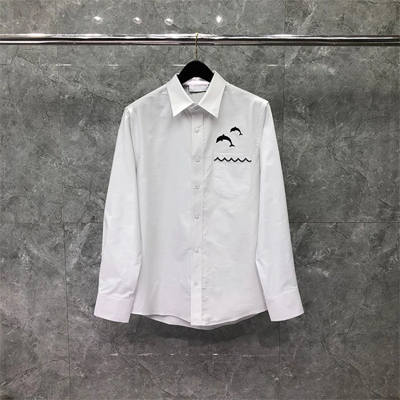 TB THOM Shirt Spring Autunm Fashion Brand Men's Shirt Dolphin On Pocket Casual Cotton Oxford Slim Fit Custom Wholesale TB Shirt