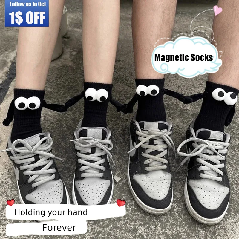 

Funny Creative Magnetic Attraction Hands Socks Club Celebrity Ins Fashion Black White Cartoon Eyes Couples Socks Holding Hands
