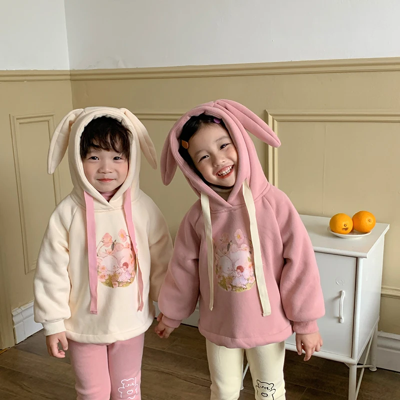 

Новые зимние детские толстовки с капюшоном, Детские милые флисовые пальто с принтом кролика для девочек, детские топы