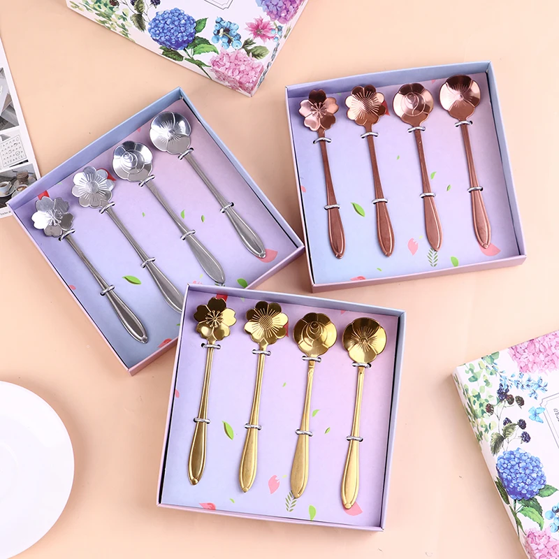 

4Pcs/Set Classic Flower Coffee Scoops Tea Spoon Set Matcha Cafe Stirring Sticks Cherry Blossom Spoon Gift Box