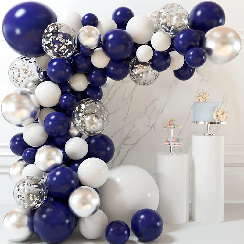 

135Pcs Royal Navy Blue Balloon Garland Arch Kit With Metal Silver Confetti Ballon Set For Baby Shower Birthday Party Decorations