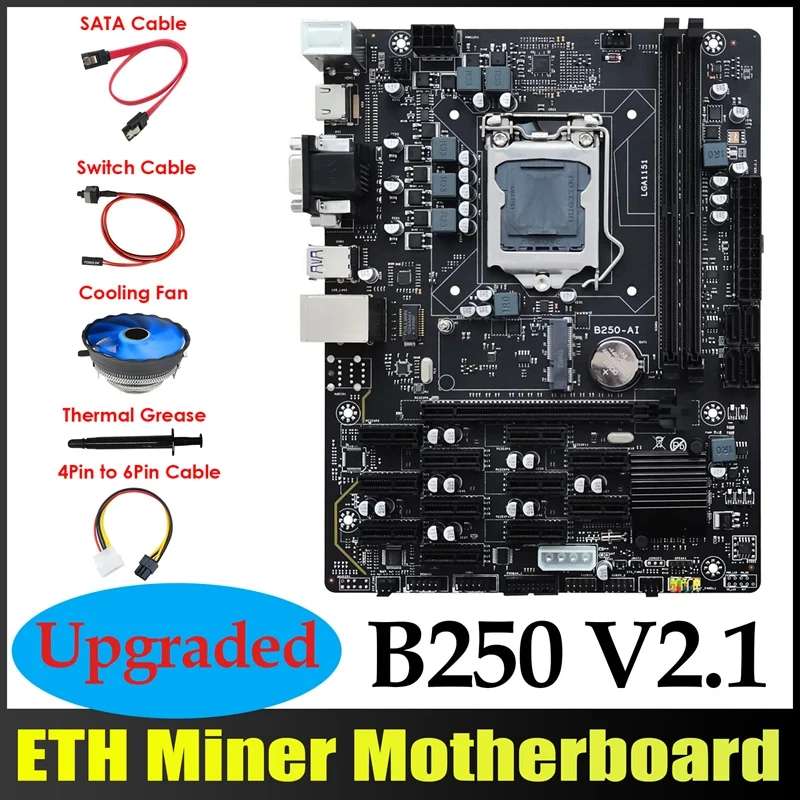 

Материнская плата B250 ETH Miner 12xpcie + 4-контактный к 6-контактному кабелю + вентилятор + кабель SATA + кабель переключателя + термопаста B250 AI