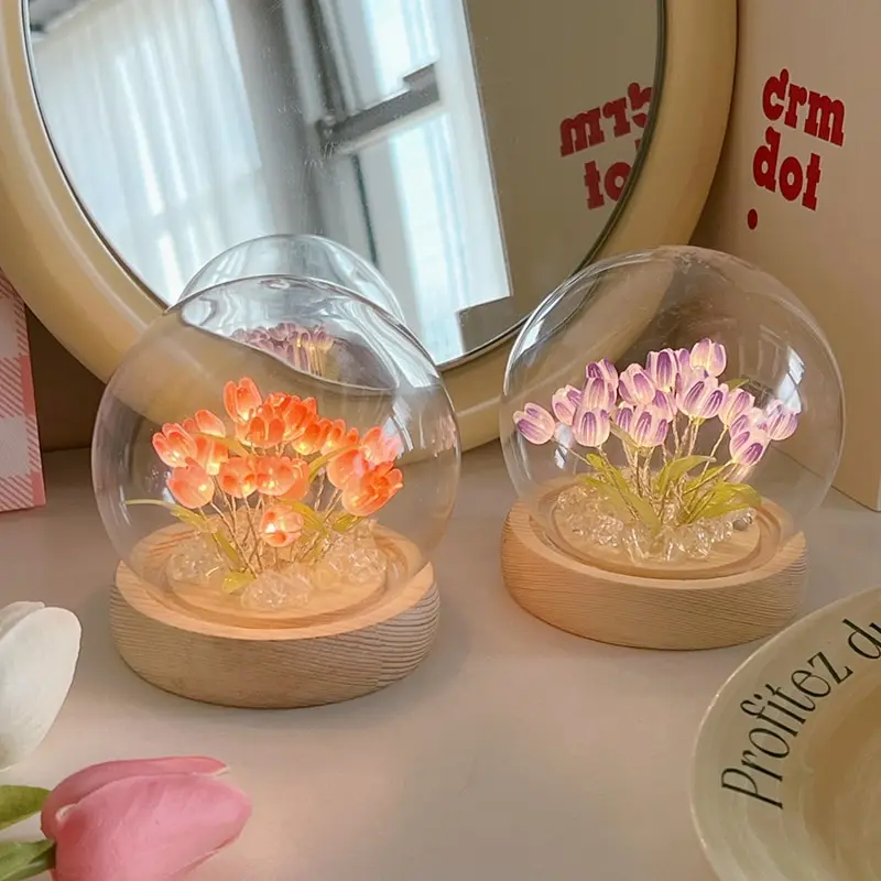 

1Pc Handmade Led Tulip Night Light DIY Material Home Ornament Exquisite Gift For Mother Girlfriend Flower Atmosphere Light
