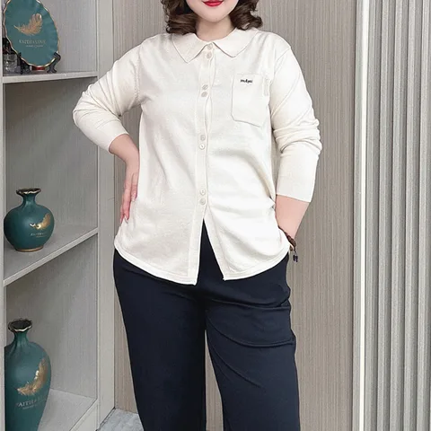 Женский вязаный кардиган с отложным воротником, повседневный свободный джемпер большого размера с вышивкой и карманами, модель 2024 на осень и зиму, 4045