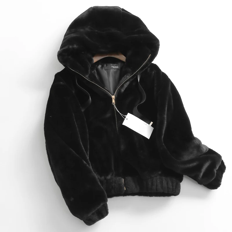 

Mink Coat Short with Zipper Black Faux Synthetic Fur with Hood Plush Cold Sweaters for Women's Winter 2023 Free Shipping