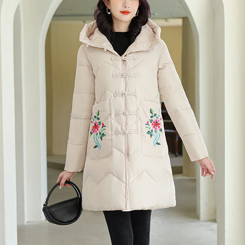 Fashion Ethnic Embroidered Jacket Women Warm Loose Long Overcoat Windproof Hooded Parkas Thick Cotton Cheongsam Coat