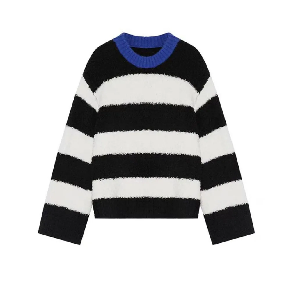 Черно-белый пуловер Freeacy для женщин 2024 осенне-зимняя мода круглый вырез длинные