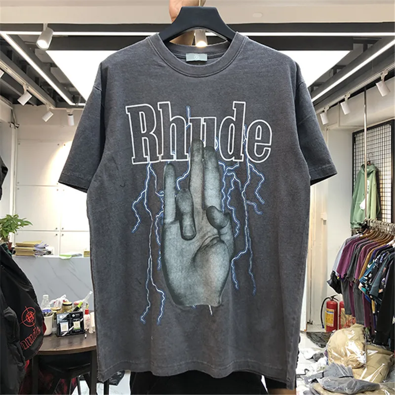 

RHUDE T Shirt Lightning Palm Printing T shirts Men Women Wash Do Old Streetwear Short Sleeve Summer Style High-Quality Tops Tee