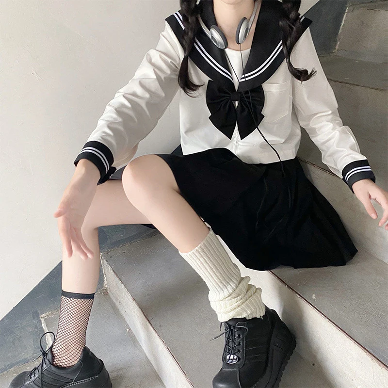 

Japanese School Girl Uniform Plus Size JK Black Sailor Basic Cartoon Navy Sailor Uniform sets Navy Costume Women girl costume