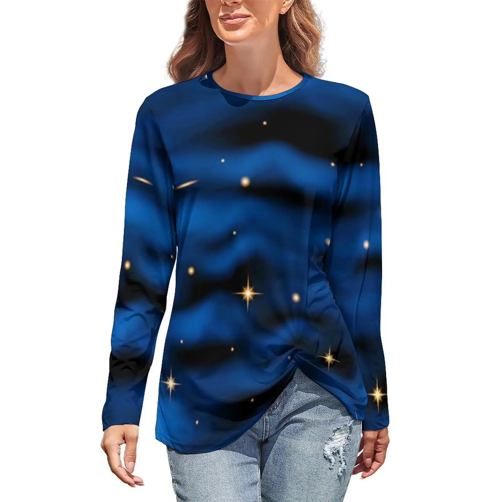 

Футболка женская оверсайз с длинным рукавом, элегантная уличная Модная рубашка с принтом звезд и облаков, с принтом космической туманности,...
