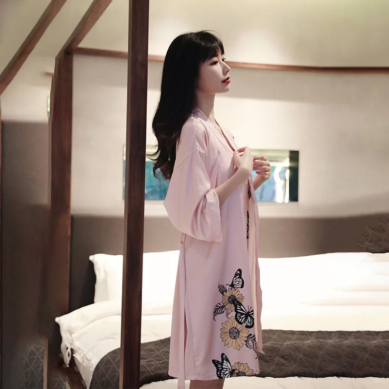 Women's Sleepwear 2 Pcs Sets Satin Silk Sleepwear Butterfly Printed Robe Nightgown and Backless Sleep Dress Pajamas Set