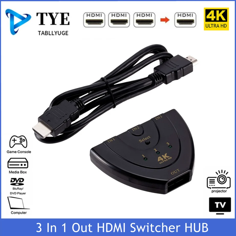 

YIGETOHDE 4K HDMI Switcher 4K*2K 3D Mini 3 Port HDMI Switch 4K Switcher HDMI Splitter 3 in 1out Port Hub For DVD HDTV Monitor PC