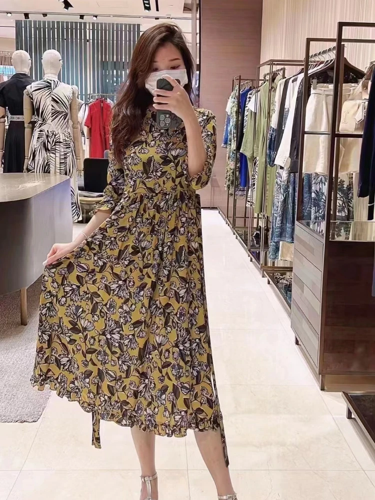 2022 Spring Summer New Round Neck 100% Silk  Floral Print Fungus Edge Three-quarter Sleeve Casual Women Mid-length Dress